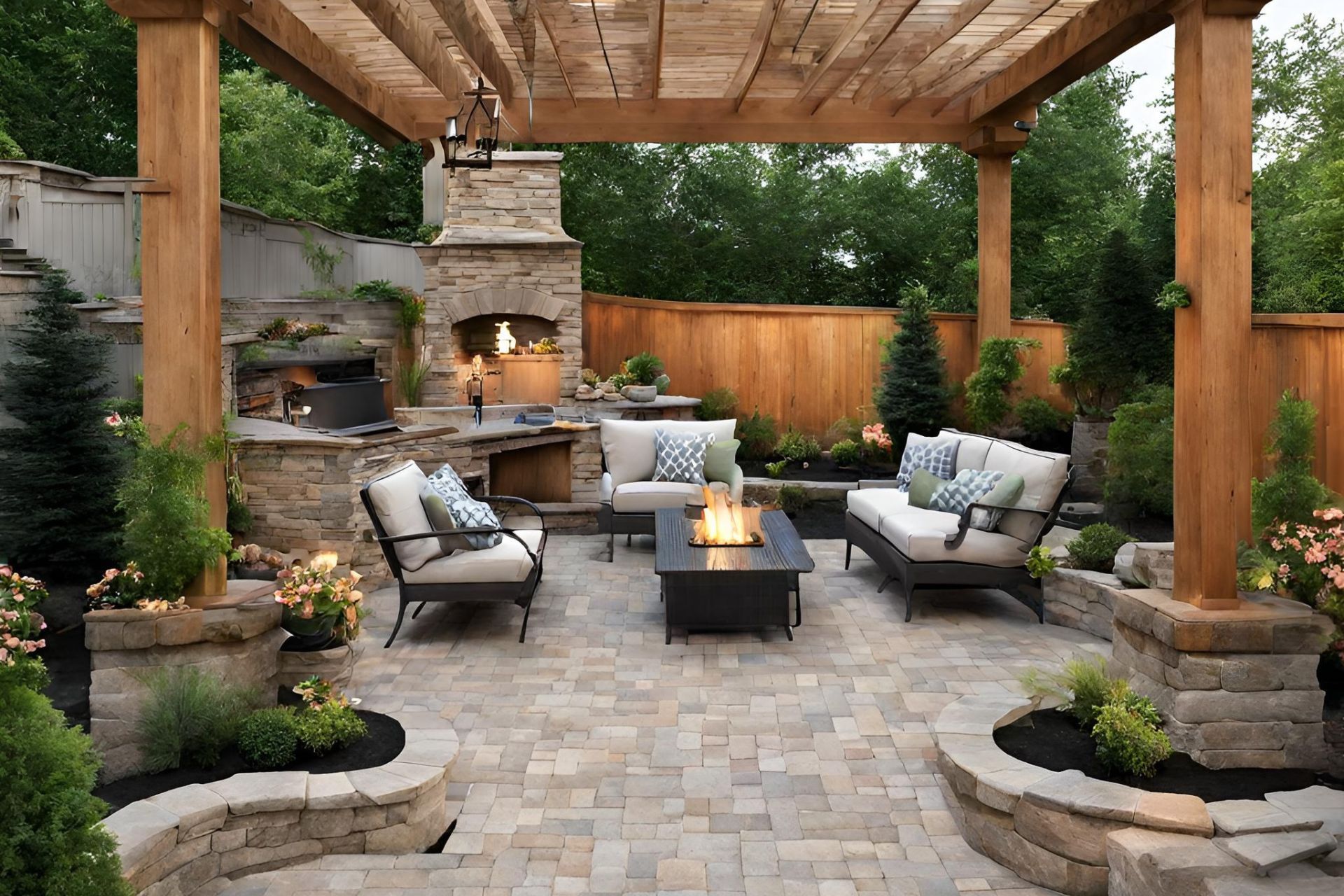 Curved backyard paver patio with a contrasting border course and seating area at a Jacksonville, Florida home