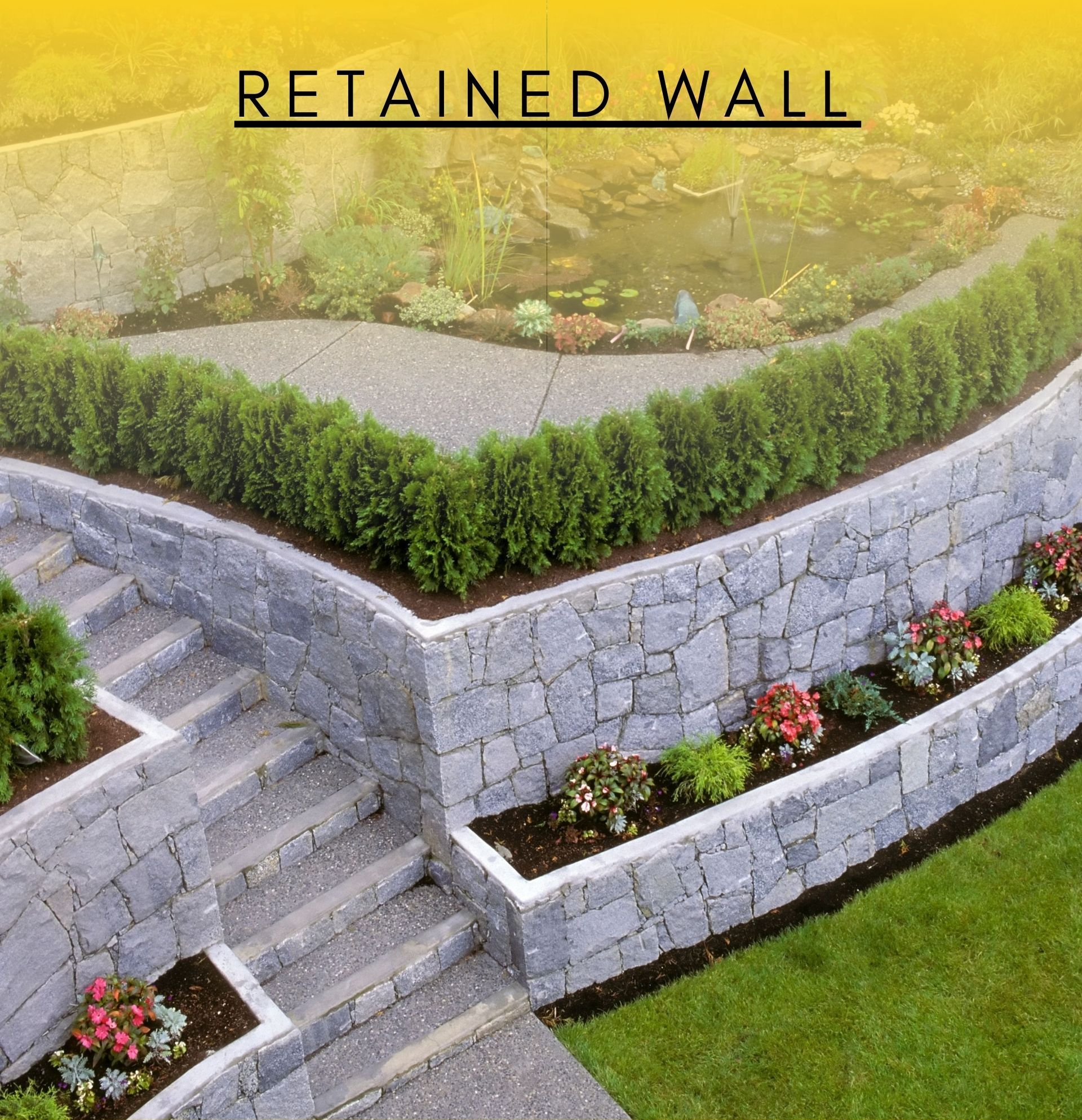 Concrete block retaining wall in Jacksonville, Florida with a level cap course holding back a graded slope behind a residential yard