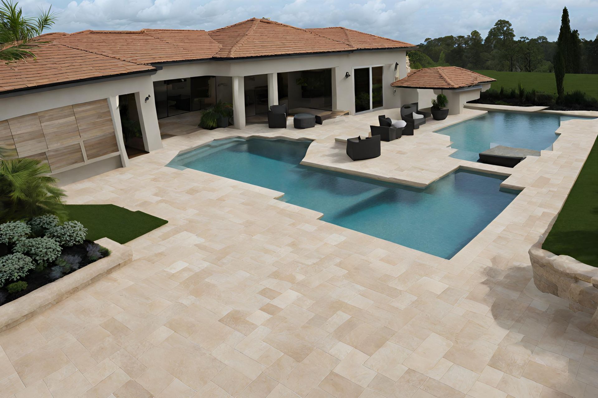 Ivory travertine paver patio laid in a French pattern beside a coastal Jacksonville, Florida home