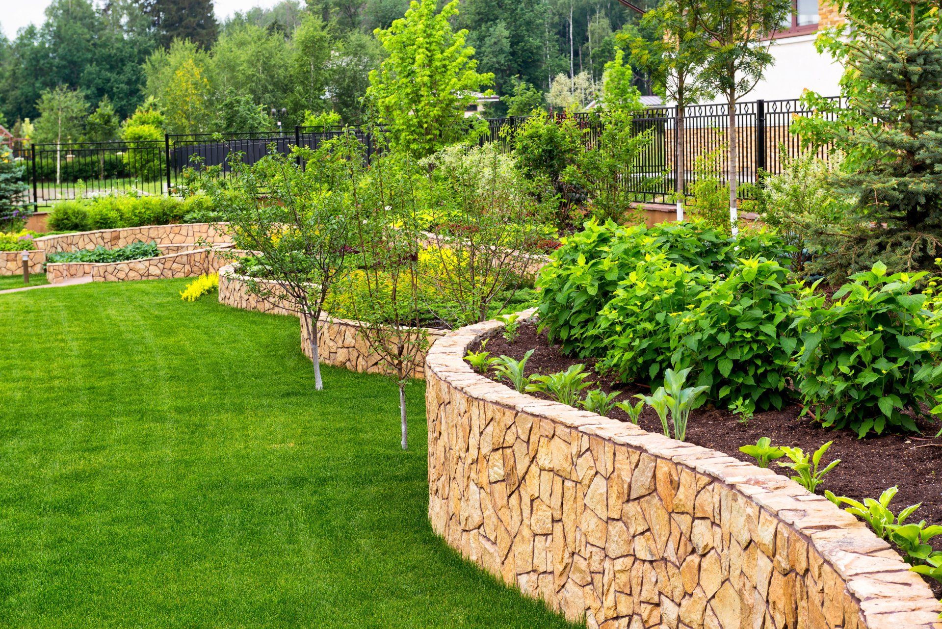 Green lawn bordered by curved stone retaining walls filled with plants and trees.