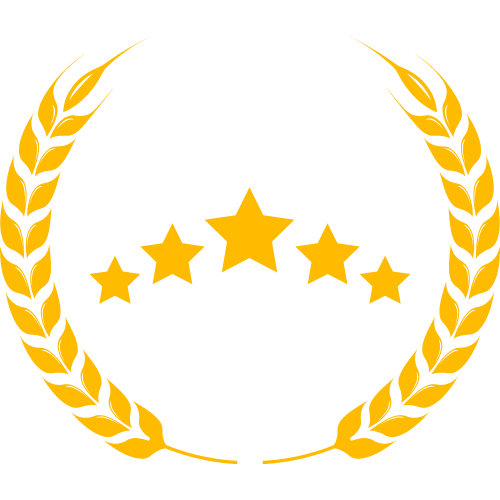 Gold five-star rating emblem within a wheat wreath.